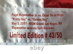 Floyd Mayweather Jr Signed vs. De La Hoya Boxing Trunks #D/50 BAS COA with Stat