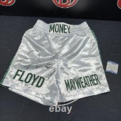 Floyd Mayweather Signed Black and Silver Boxing Trunks Inscription Beckett