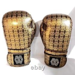 RARE Floyd Mayweather Jr. GOLD Color Boxing Gloves Size SM/MD Logo All Over